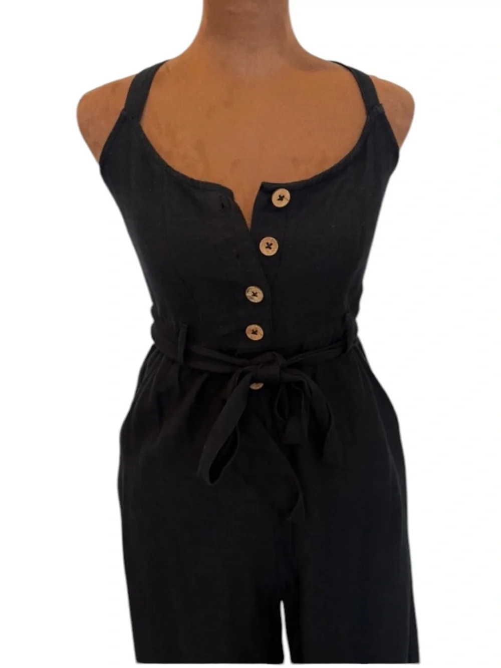 Roxy Black Linen Blend Wide Leg Jumpsuit XS Button Front Belted Pockets boho - Picture 3 of 9